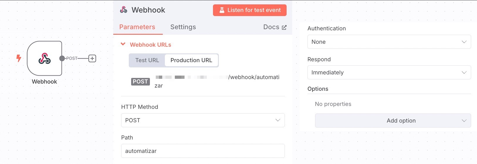 Formulário Webhook Trigger do n8n para configurar a integração