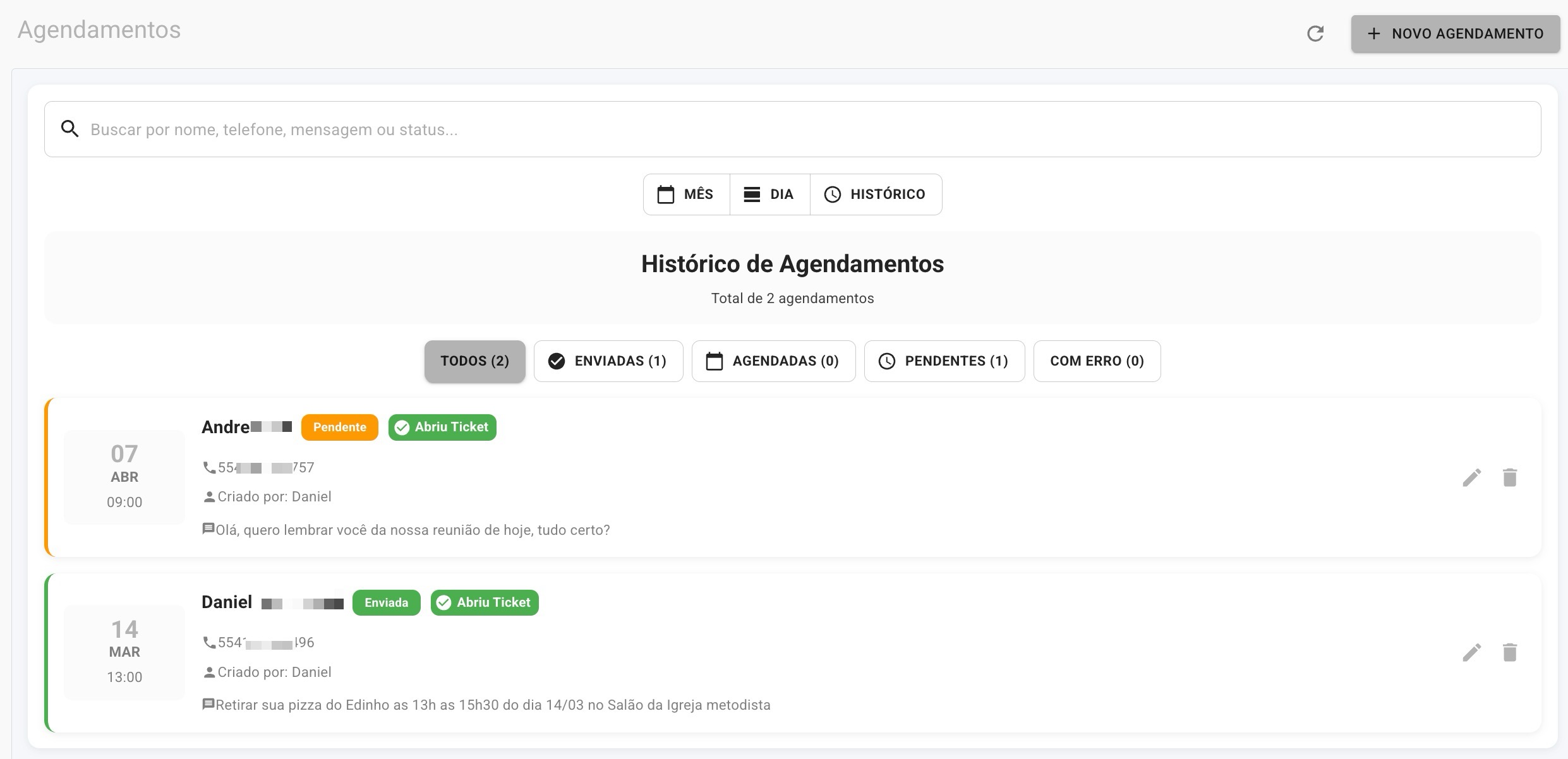 Visão Geral Agendamentos
