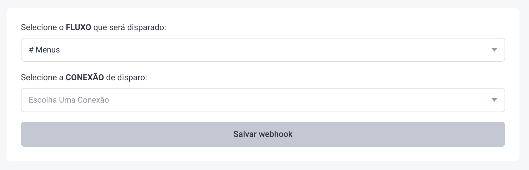 Campos de fluxo e conexão do Webhook Trigger